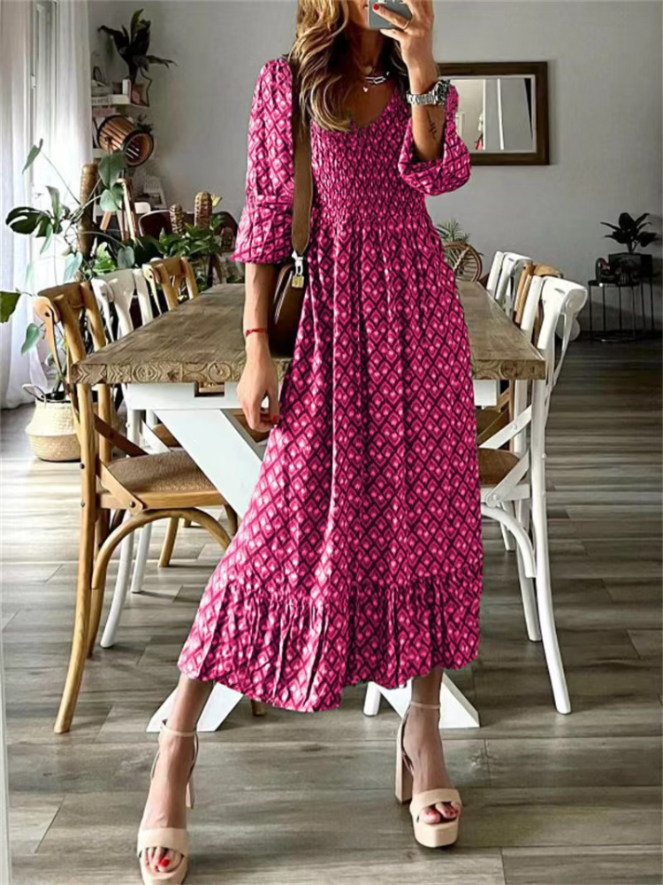 Autumn Floral Print A-line Midi Dress Chic V-neck Ruffle High Waist Casual Dress Female Streetwear Elegant Outwear Women Clothes alx