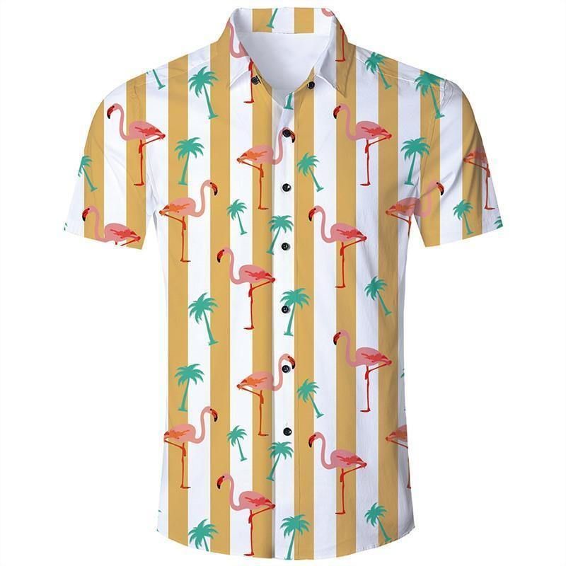 Get Here Mens Hawaii Short Sleeve Shirts Yellow Stripes Flamingo Ha52098