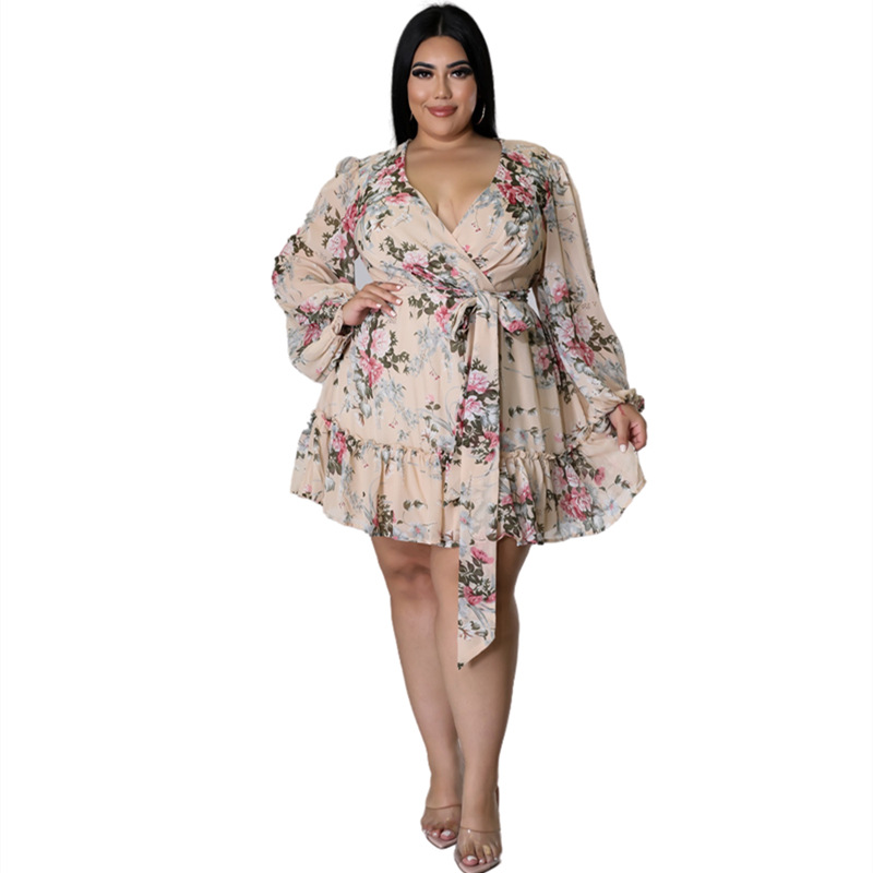 SOMO Fall 2022 Women Clothes V-neck Plus Size Elegant Dresses Ladies Floral Loose Long Sleeve Dress Wholesale Dropshipping alx