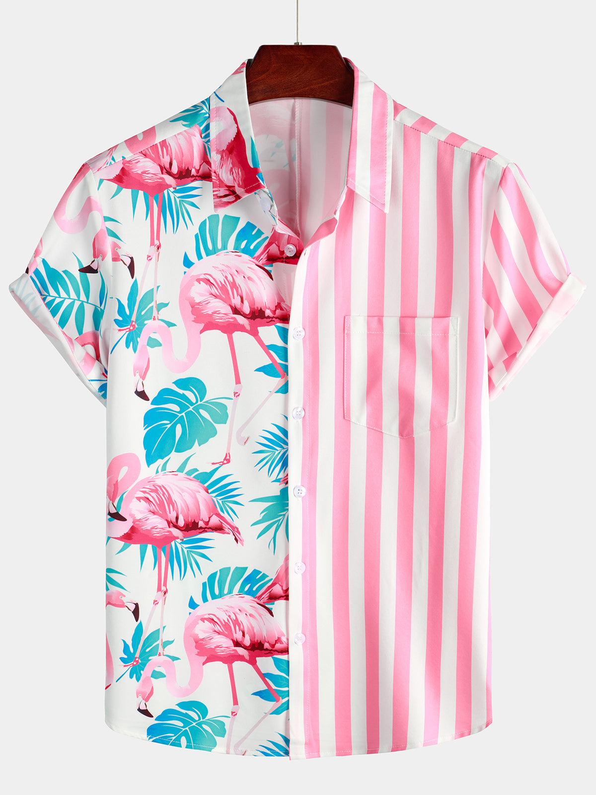 Flamingo Leaf Print Tropical Striped Short Sleeve Hawaii Shirt Ha38787