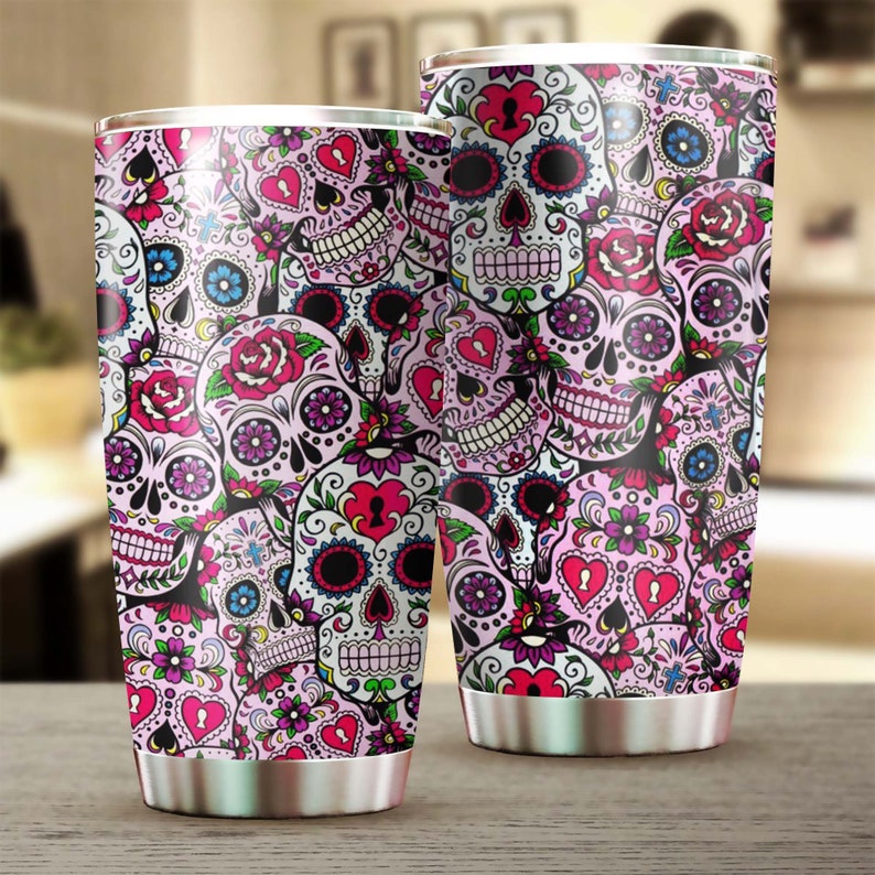 Skull Pink Rose Flower Tumbler-Skull Tumbler-Fancy Skull Birthday Gift Christmas Gift For Her For Him