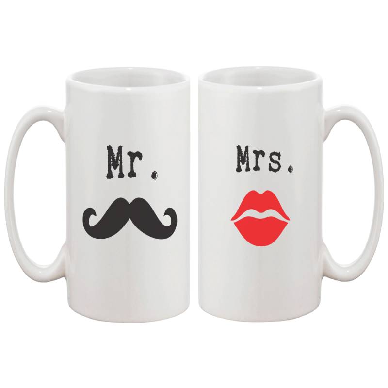 Mr Mustache and Mrs Lips Couple Mugs – His and Hers Matching Mug Cup Set