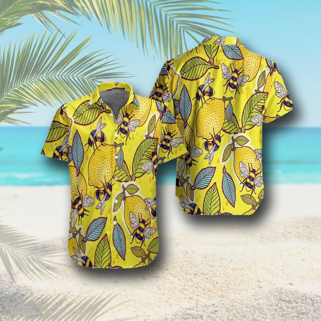 Bee Beehive Lemon Leaf Polyester Yellow Hawaiian Shirt Ha51483