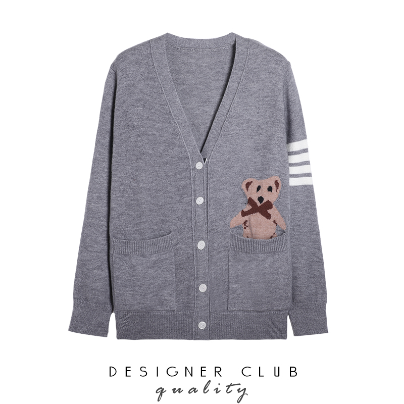 Bear jacquard loose outer wear knitted top spring and autumn new tb college wind sweater jacket cardigan women alx