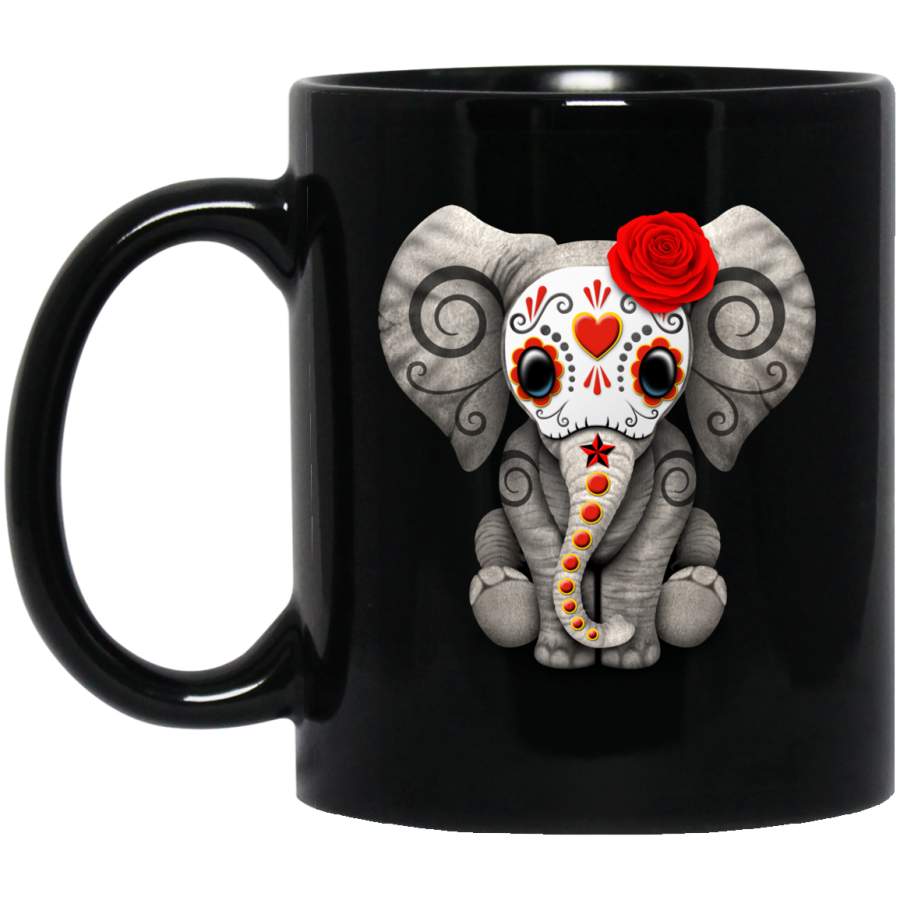 Red Day of the Dead Sugar Skull Baby Elephant Mug Black Mug