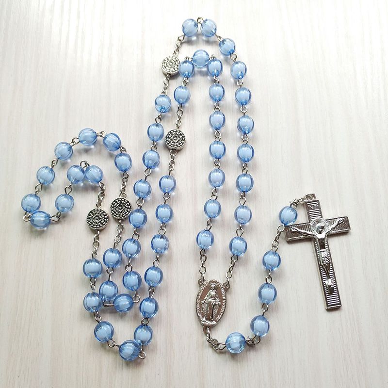 Catholic Blue Beaded Chain Rosary Necklace Virgin Mary Miraculous Medal Crucifix Cross Y-Necklace Religious Prayer Jewelry Gifts alx