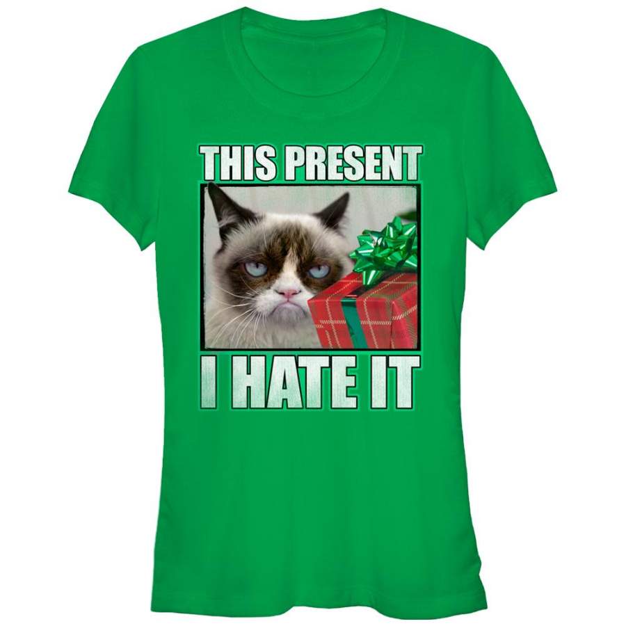 Grumpy Cat Junior’s Christmas Present Hate It  T Shirt Kelly Green