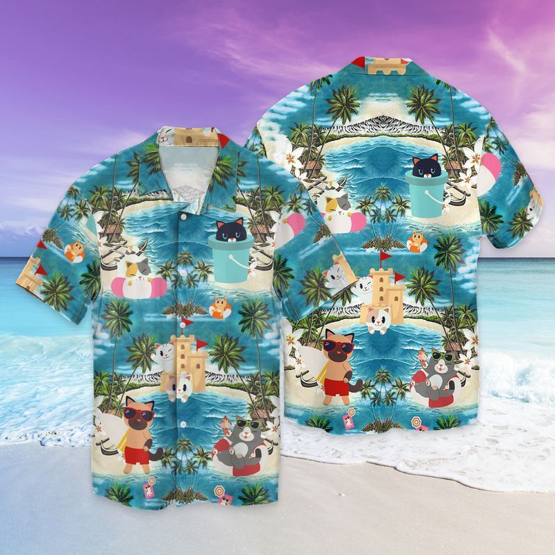 Cat Hawaiian In The Beach Graphic Print Short Sleeve Casual Shirt Ha54701