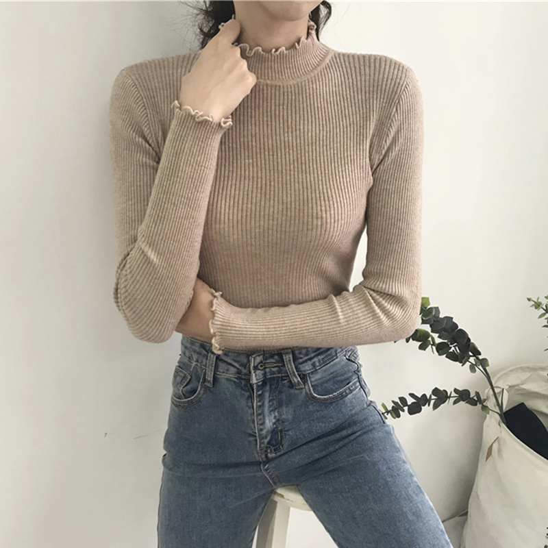 Turtleneck Ruched Women Sweater High Elastic Solid 2022 Fall Winter Fashion Sweater Women Slim Sexy Knitted Pullovers Pink White alx