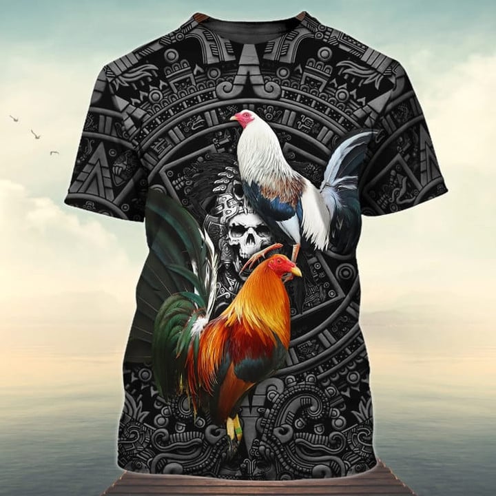 3D All Over Printed Rooster Mexico Flag, Aztec Pattern 3D Shirt, Perfect Mexican Shirt For Him