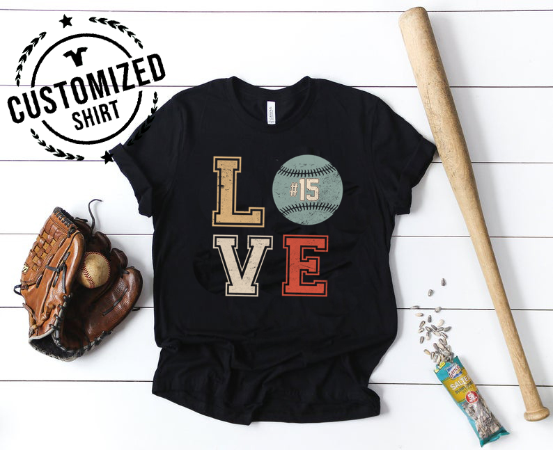 Baseball – Vintage Love – Number – Customized Personalized T-Shirt, Hoodie Sporty Adult, Kid Unisex, Black