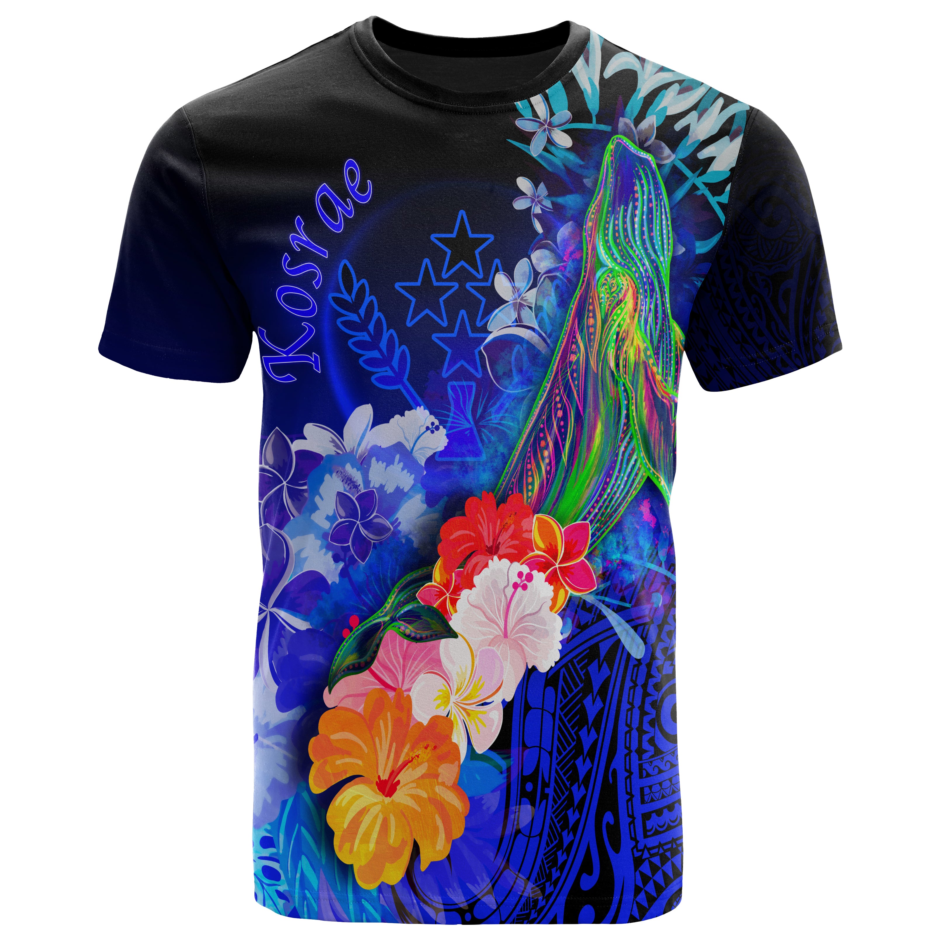 Kosrae T-Shirt – Humpback Whale with Tropical Flowers (Blue) – BN18