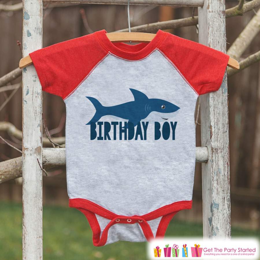 Boys Birthday Outfit – Shark Birthday Boy Shirt or Onepiece – Youth, Toddler, Baby Birthday Outfit – Red Baseball Tee – Kids Baseball Tee