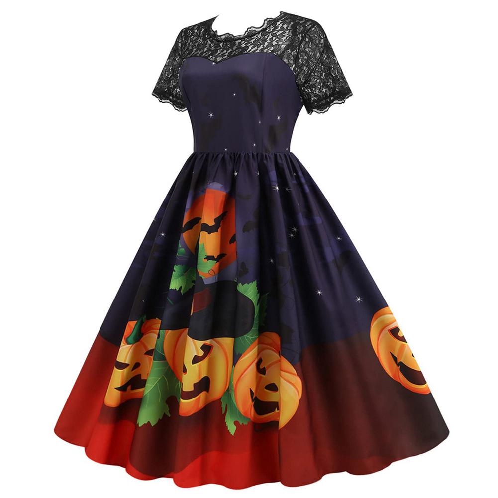 Women Dress Winter short Sleeve V Neck Pumpkin Print Halloween Costume Party Dresses Casual Vintage Plus Size S~3XL Clothing alx