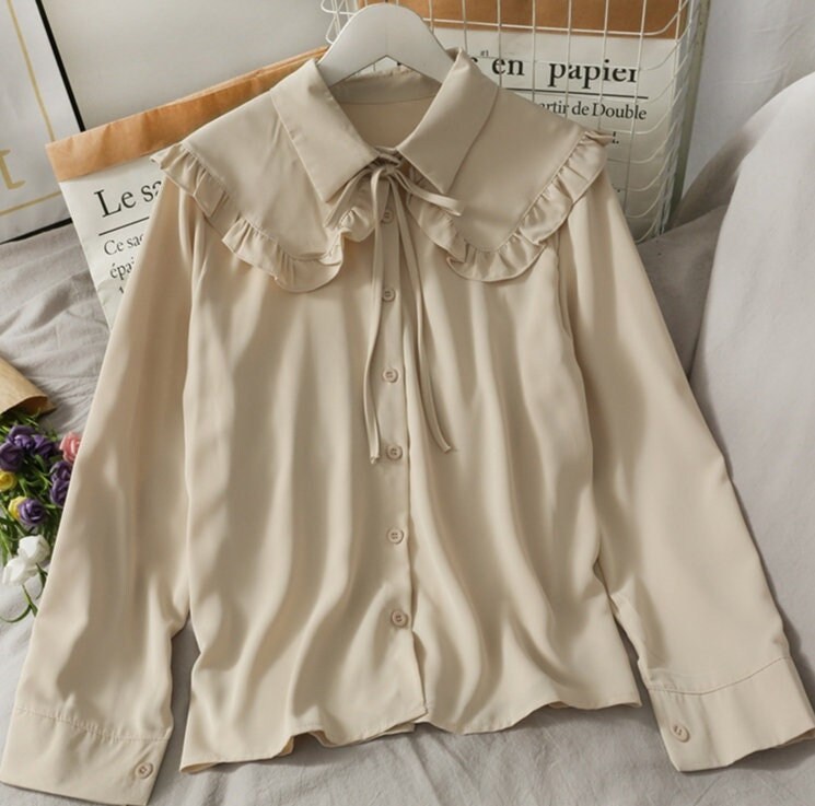 Women Chiffon Blouses, Peter Pan Collar Vintage Bow Korean Fashion Shirts, Cottagecore Clothing Aesthetic Long Sleeve Tops