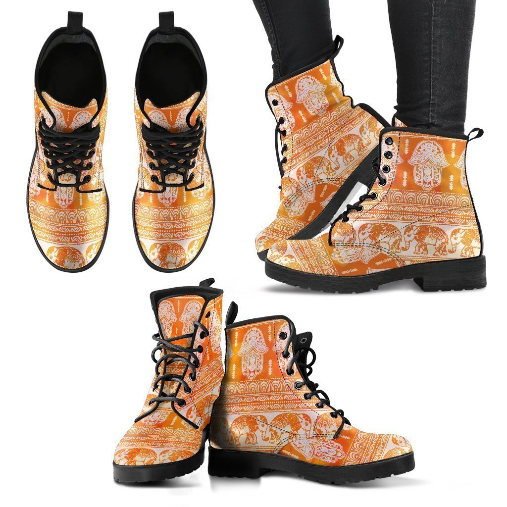 Golden Hamsa And Elephant Women’S Leather Boots Fashion Boots Custom Shoes