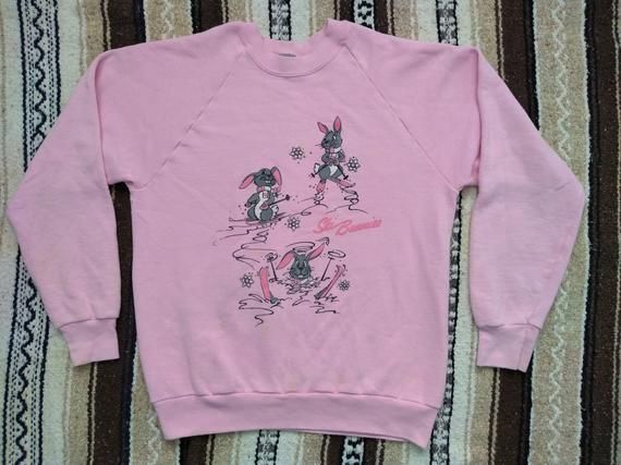 vintage 80s SKI Bunnies Sweatshirt 1980s Skiing Bunny PINK crewneck 50 50 cute funny shirt size M L retro lodge wear used college skier USA