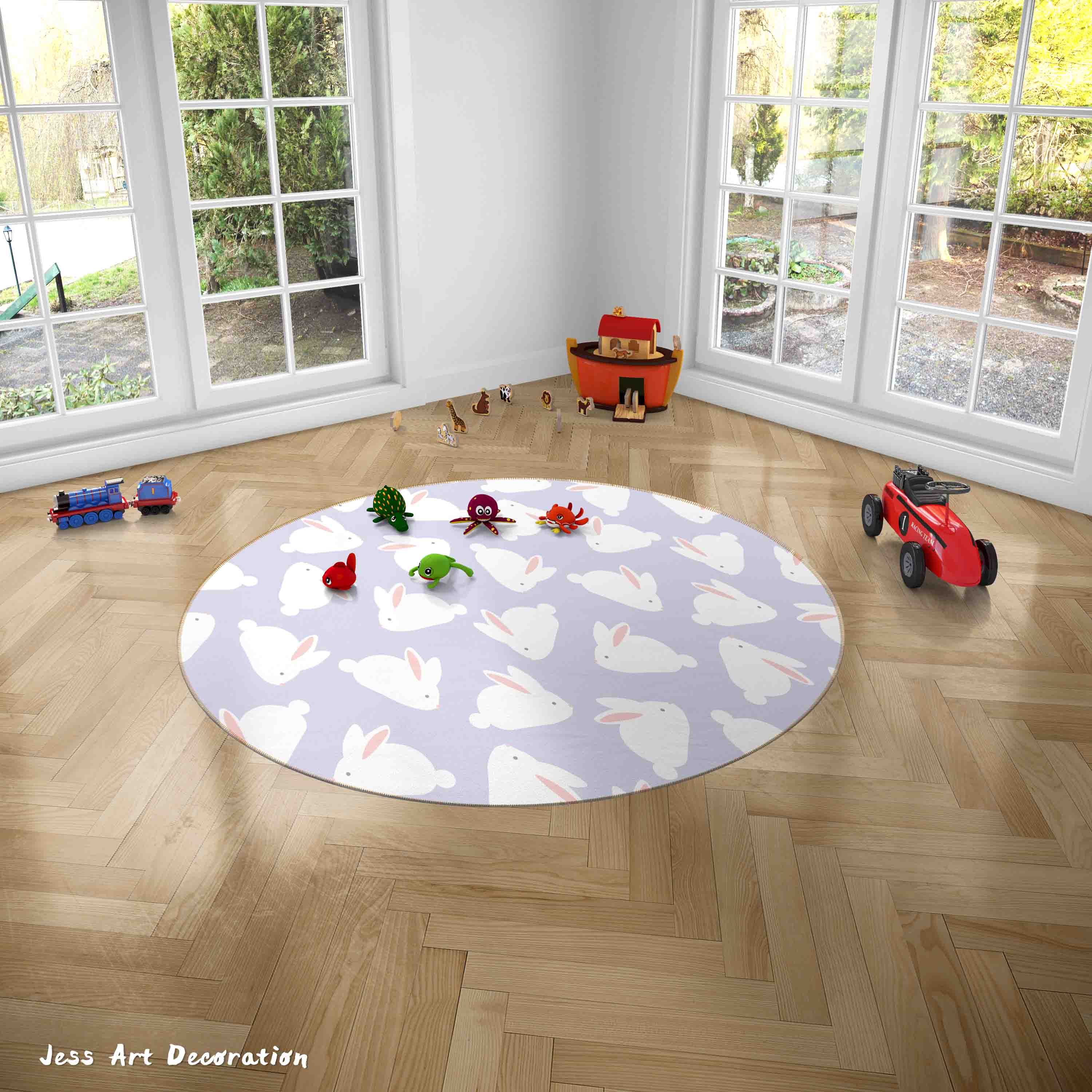 3D Cartoon Animal Rabbit Purple Kids Non-Slip Round Rug Mat 10