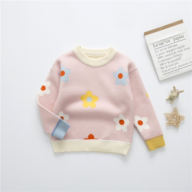 Autumn and winter children plus velvet sweater girls small daisy thick pullover knitted bottoming shirt alx