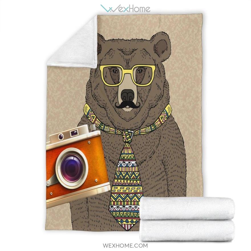 Cute Photographer Bear With Tie And Glasses Premium Blanket