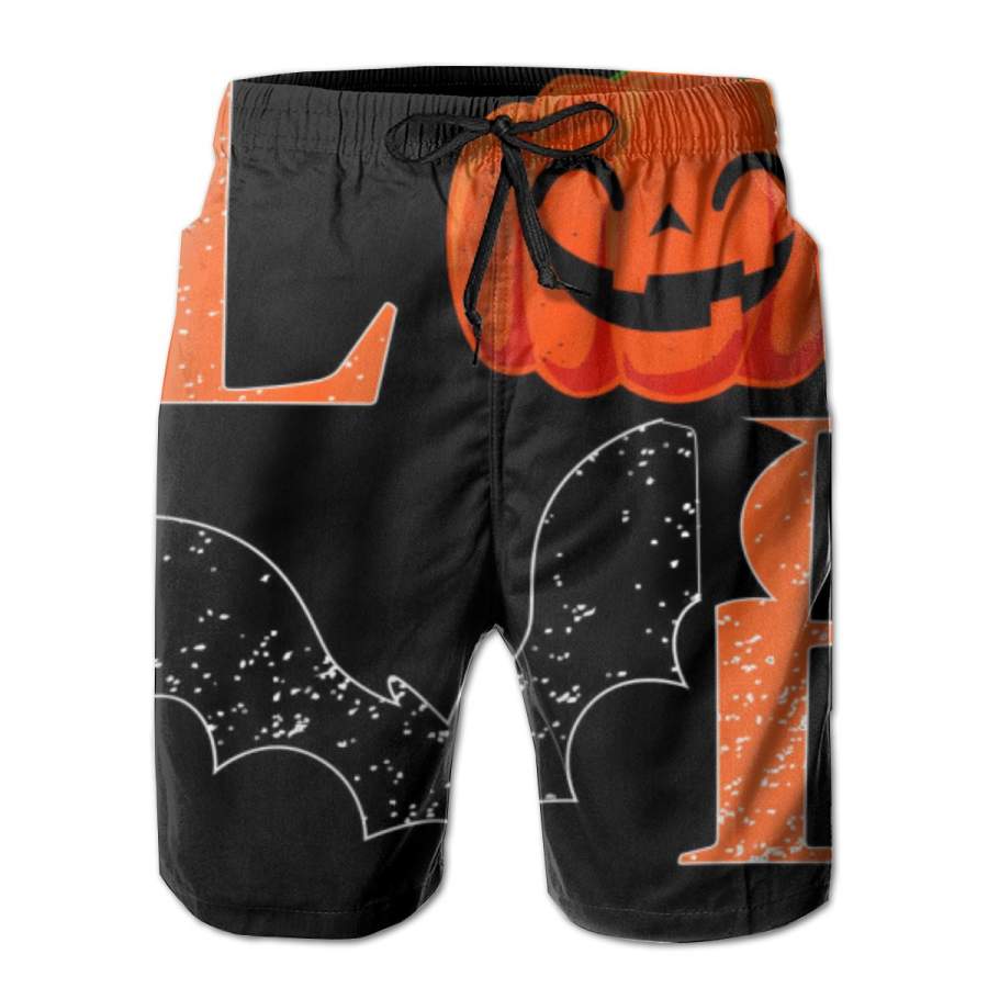 2 Pack Love Halloween Pumpkin Bat Poster Men Swim Trunks Drawstring Elastic Waist Quick Dry Beach Shorts with Mesh Lining Swimwear Bathing Suits