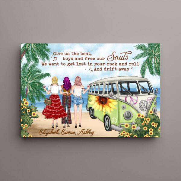 Personalized Canvas, Hippie Girls On Beach, Christmas Gifts For Boho And Car Lovers