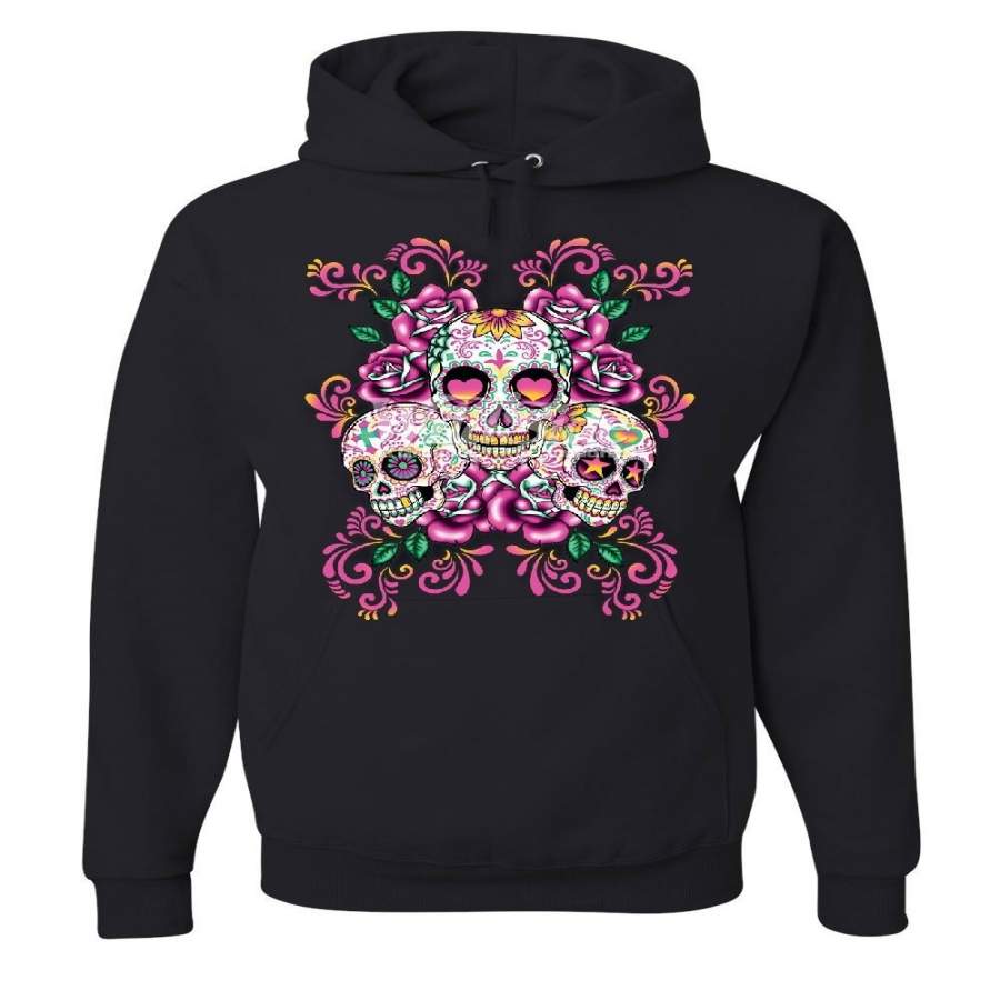 3 Sugar Skull Clothing Dia De Los Muertos Roses Day Of The Dead Hooded Sweatshirt