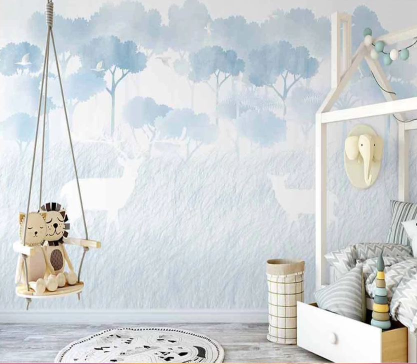 3D Hand Drawn Blue Watercolour Tree Plant White Buck Animal Pastel Background Wall Mural Wallpaper Lxl