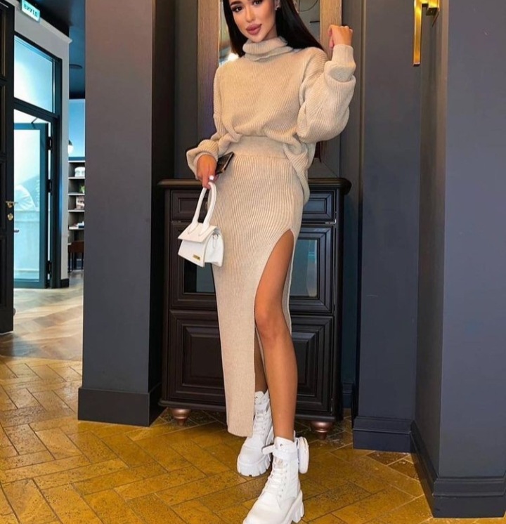 Turtleneck Knitted Sweater Skirt Two Pieces Set Women Autumn Winter Long Sleeve Pullover Sexy Side Split Midi Skirts Suit alx