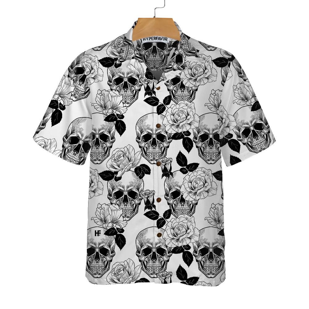 Black And White Skull Roses Hawaii Seamless Pattern Shirt Ha67650