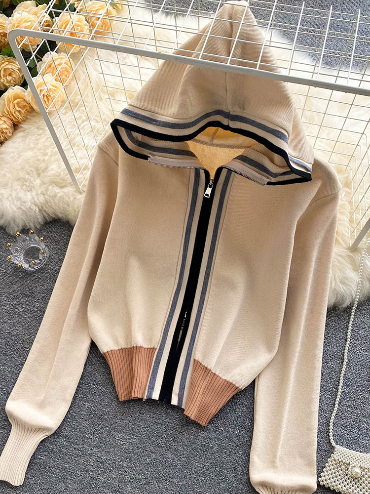 Women European American Fashion Striped Stitching Short Hooded Jacket Women’s New Zipper Loose Knit Cardigan Cropped Top D0235 alx