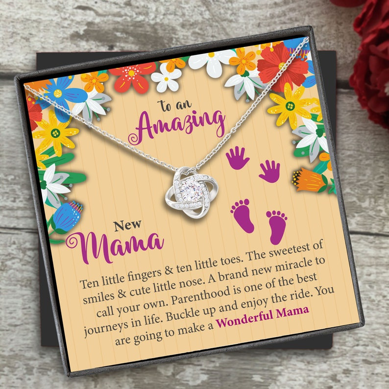 To New Mama Love Knot Necklace, Mother’S Day Gift For Expecting Mom, Pregnancy Gift, New Mommy Unique Message Card