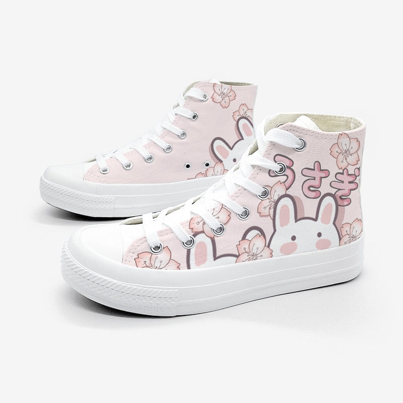 Kawaii Pink Bunny Japanese Aesthetic High Top Canvas Shoes – Women’S