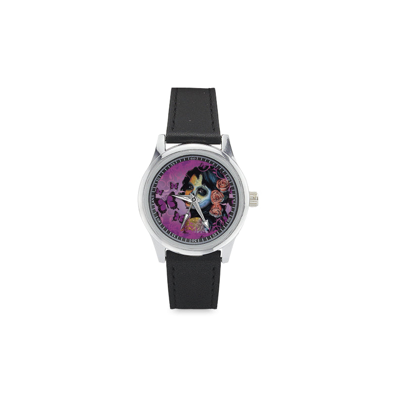 Sugar Skull Candy V1 Kid’S Stainless Steel Leather Strap Watch