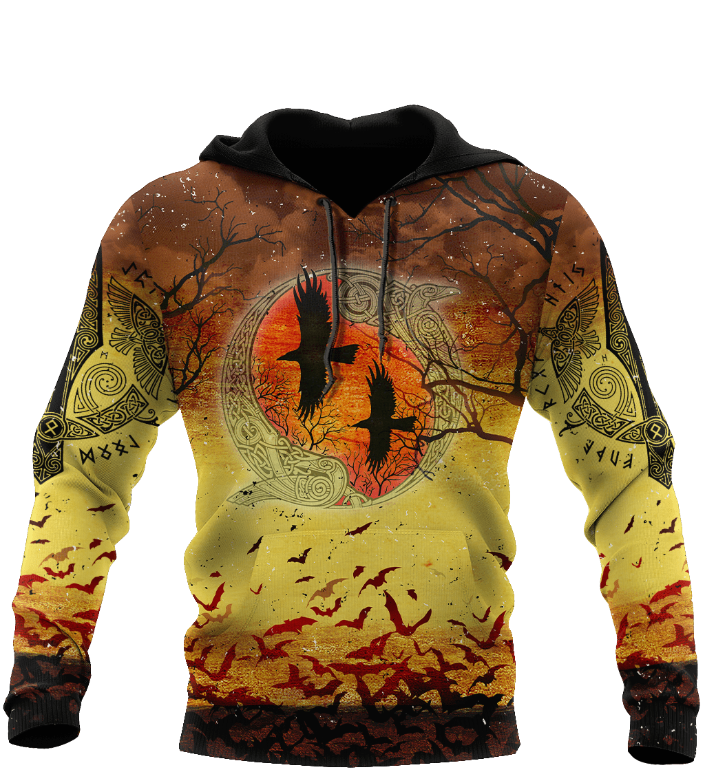 Halloween Hoodie Viking Hoodie Viking Halloween Night Ravens And Bats Yellow Orange Hoodie Halloween Clothing