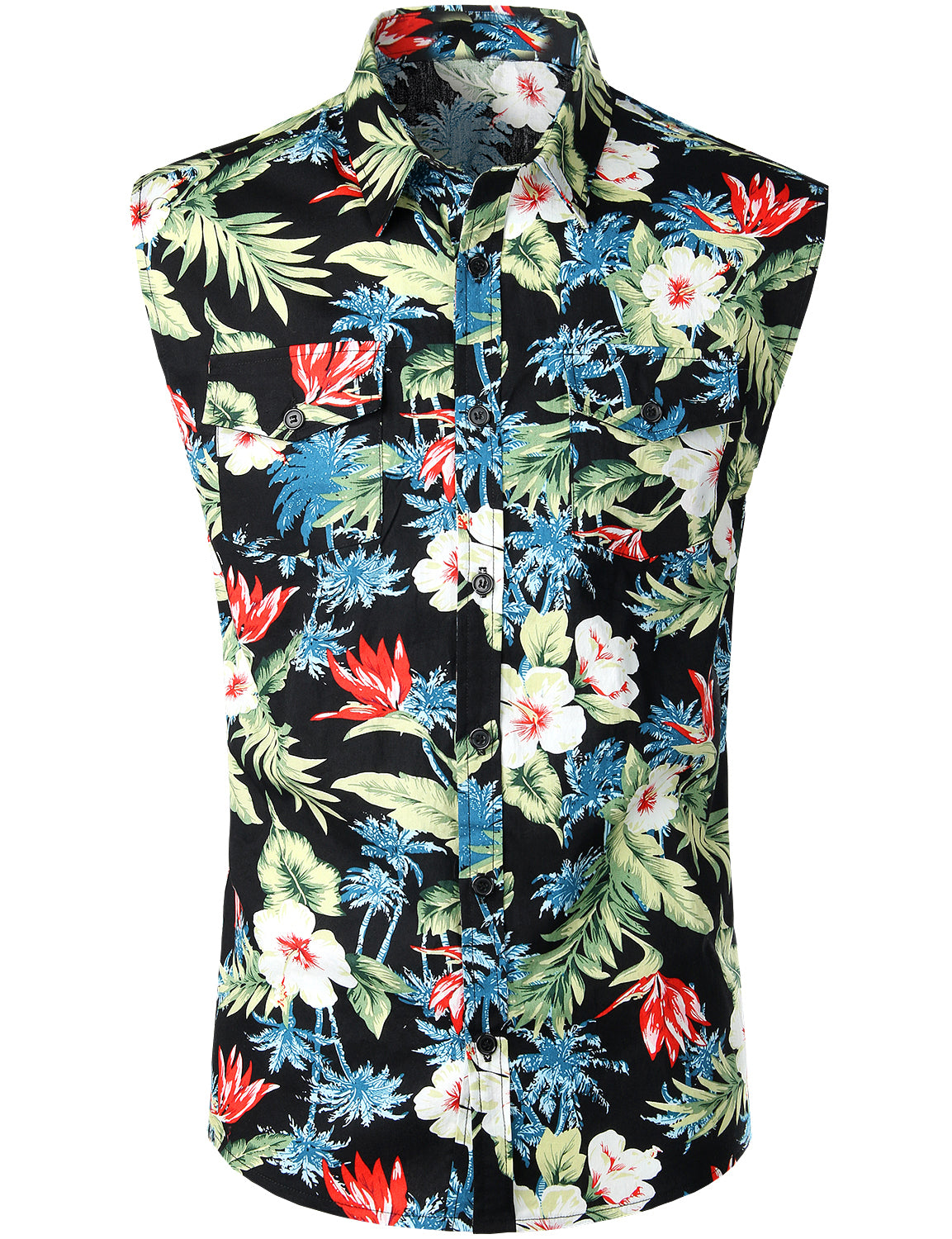 Summer Tropical Floral Button Sleeveless Pocket Cool Hawaii Shirt Ha85121