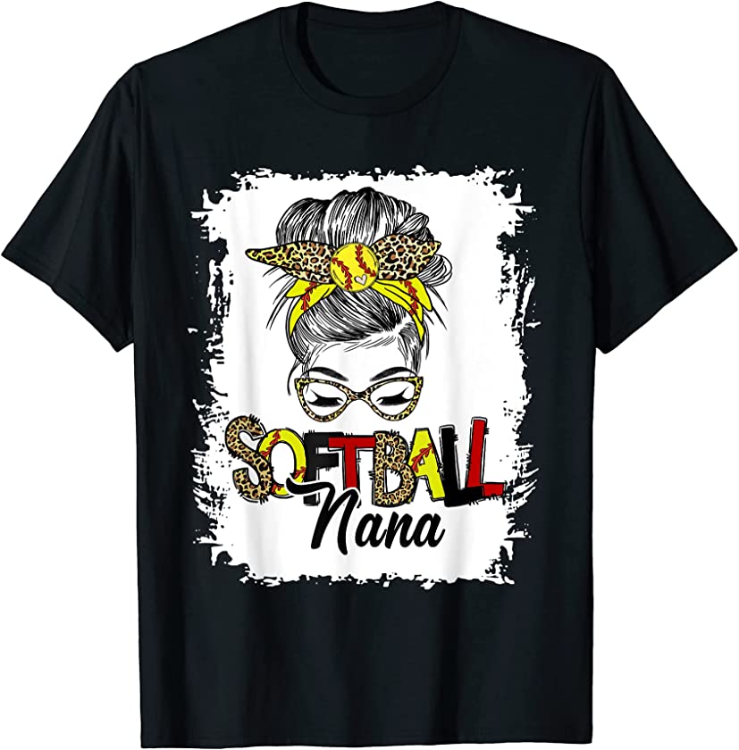 Softball Nana Life With Leopard Messy Bun Mother’s Day T-Shirt