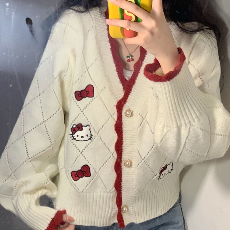 Y2k Sanrio Hello Kitty Pattern Cardigan Women Loose Sweaters Student Preppy Sweet Girl Cute Knitwear All-match Soft Top Female alx