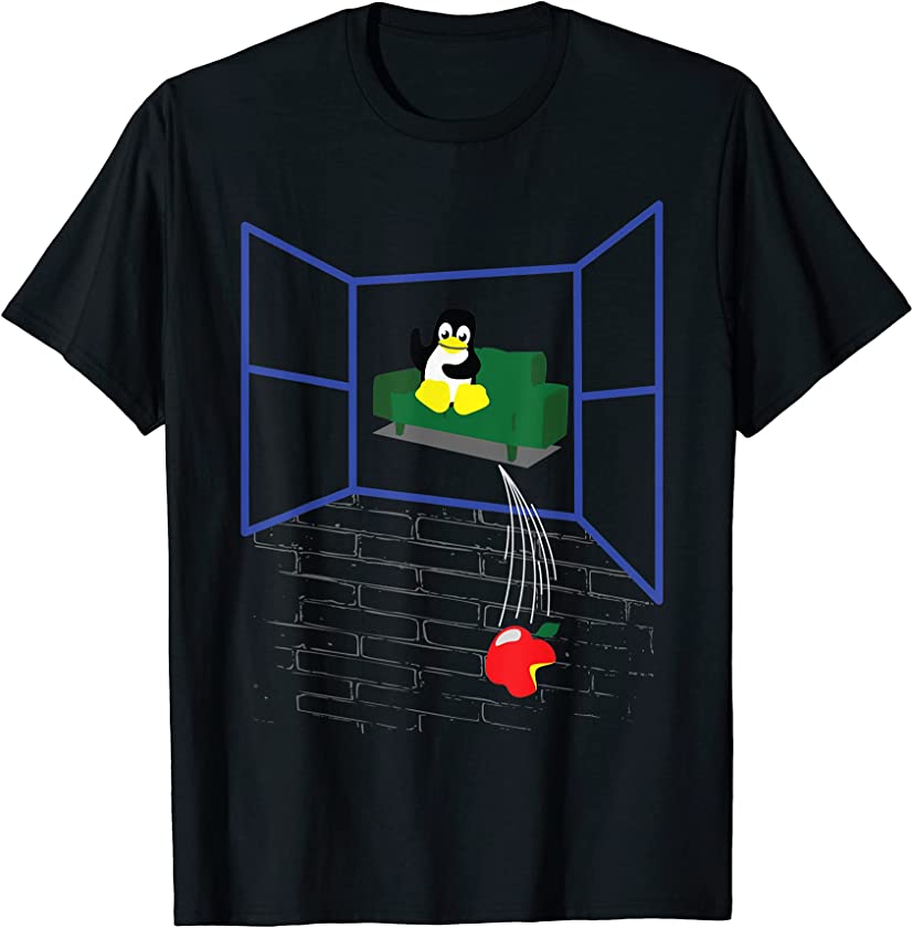 Linux Penguin Throws an Apple Through the Window Funny T-Shirt