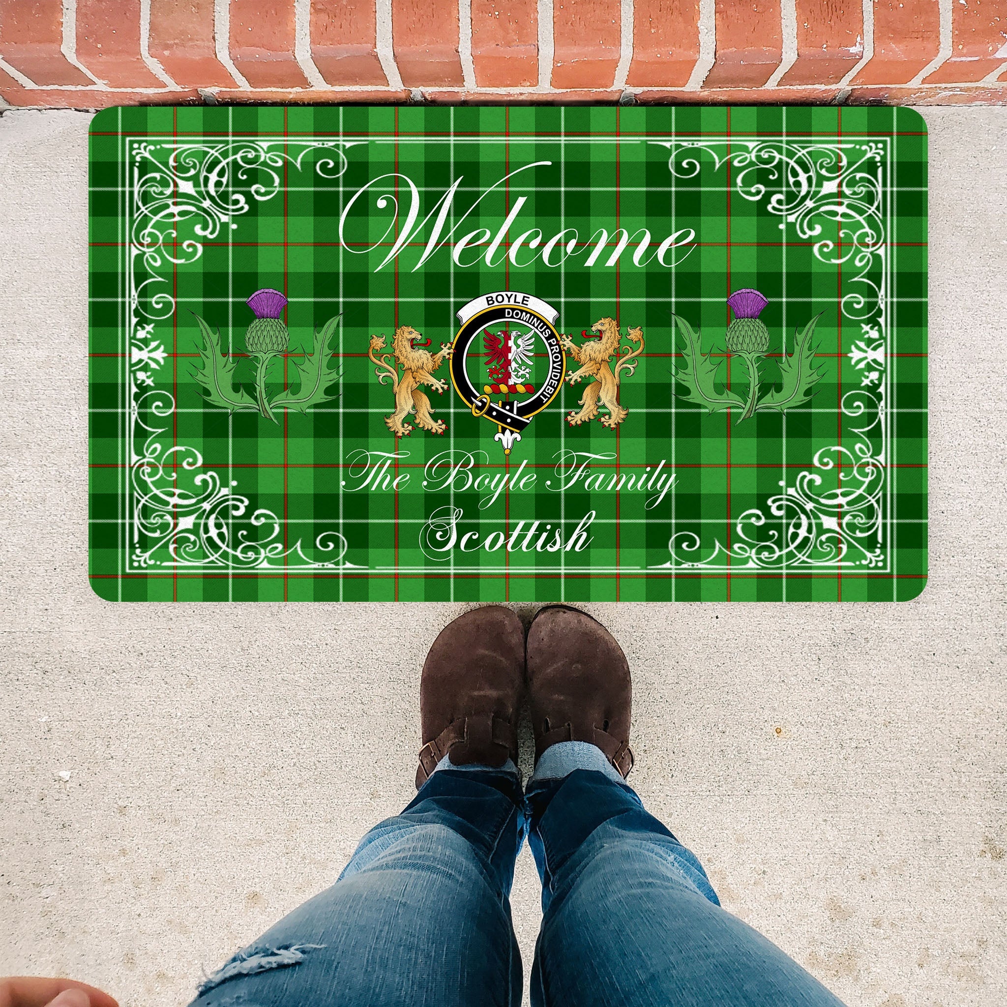 Scotstee Shop Tartan Door Mats Clan Boyle Badge Tartan Thistle And Two Lion Scottish Plaid Doormat, Christmas Door Mat Gift