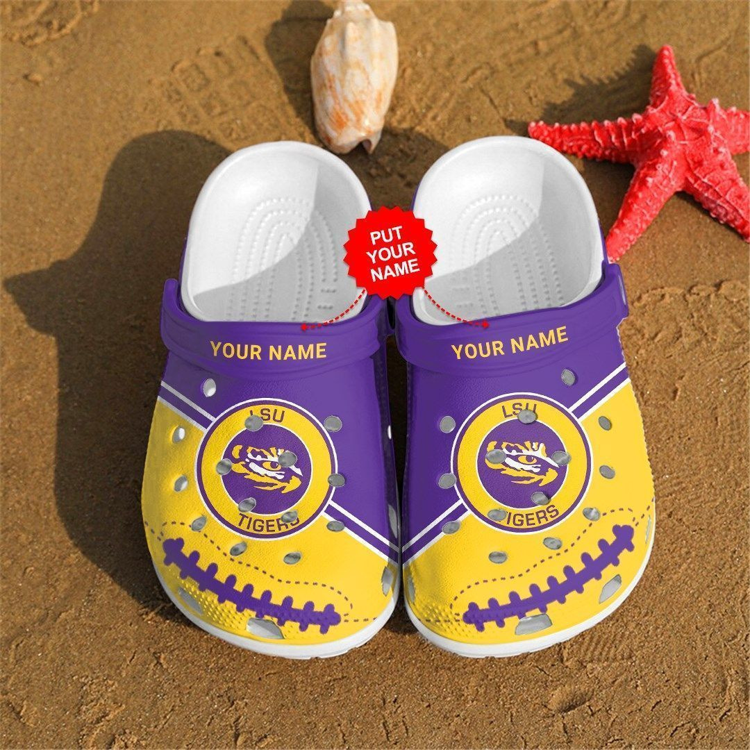 Tigers Custom Name Pattern Crocs Classic Clogs Shoes In Yellow & Purple