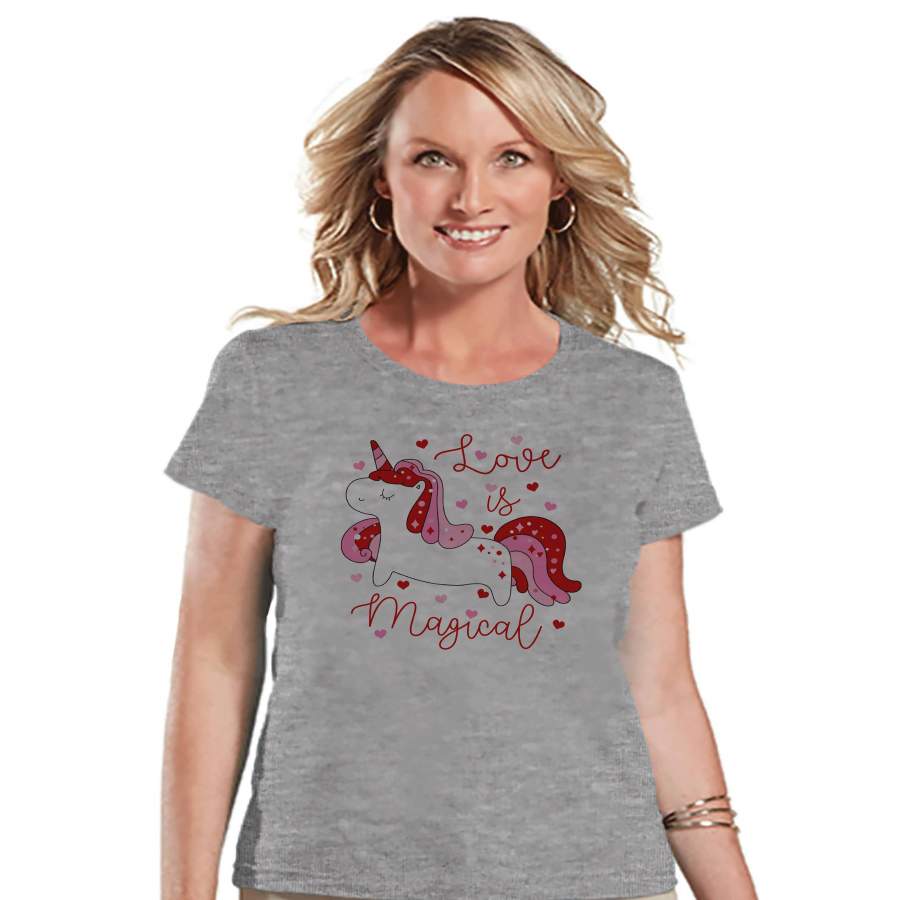 Women’s Unicorn Shirt – Love is Magical – Happy Valentine’s Day Shirt – Unicorn T-shirt – Womens Grey T-shirt – Love Unicorn – Gift for Her