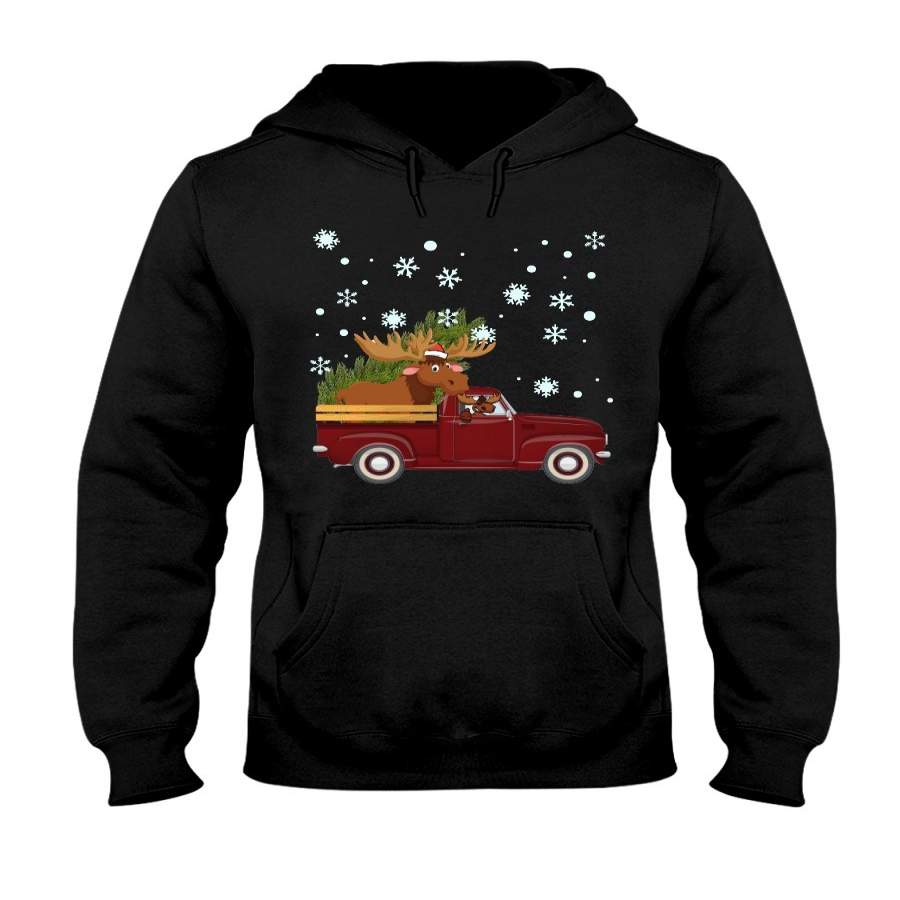Funny Christmas Moose On Red Truck Christmas Hoodie
