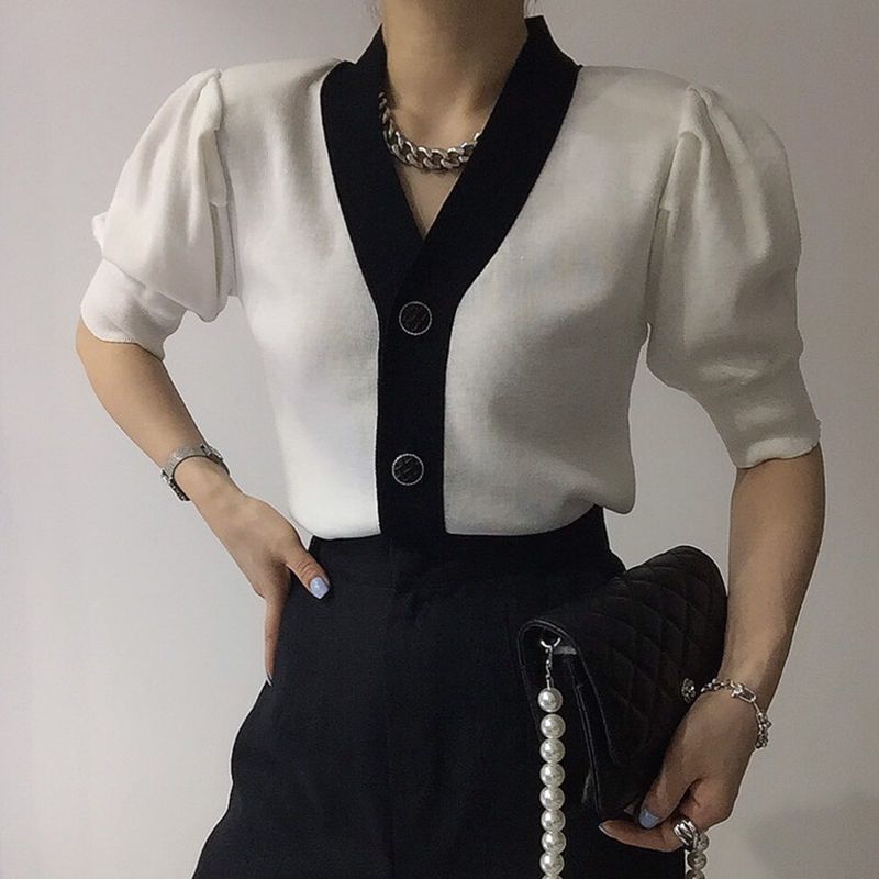 V Black White Contrast Chic Single Breasted Casual Short Sleeve Sweater Y2k Cropped Cardigan 2022 Spring Knit Jacket Top Shirts alx