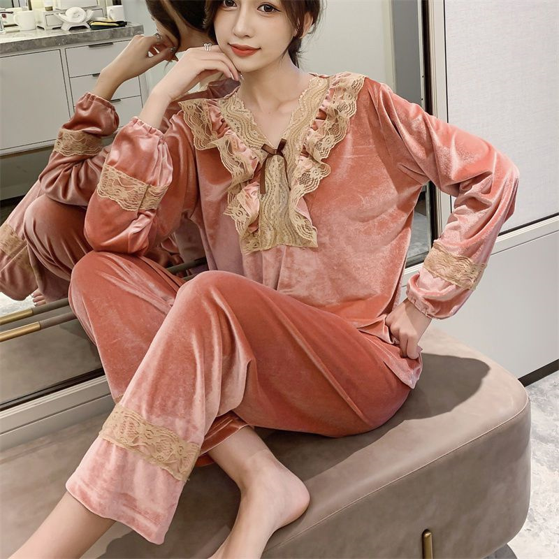 Velvet Pajamas Set Sexy Lace Sleepwear For Women Flower Full-Sleeve Autumn Soft Pyjama Women’s Fashion Sweet Homewear alx