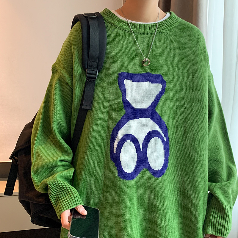 Cartoon Bear Sweater Men Winter Thick Warm O neck Knitted Sweaters Loose High Street Pullover Green Knitwear Sweater Men alx