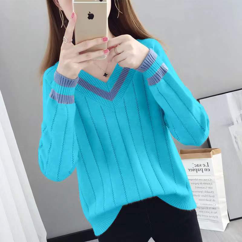 Stylish V-Neck Knitted Spliced Loose Korean Sweater Women’s Clothing 2022 Autumn New Casual Pullovers All-match Commute Tops alx