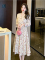 2022 Autumn Winter Women Elegant Chiffon Dresses V Neck Long Sleeve Lady Plus Size Printed Bandage Midi Robe Popular Streetwear alx