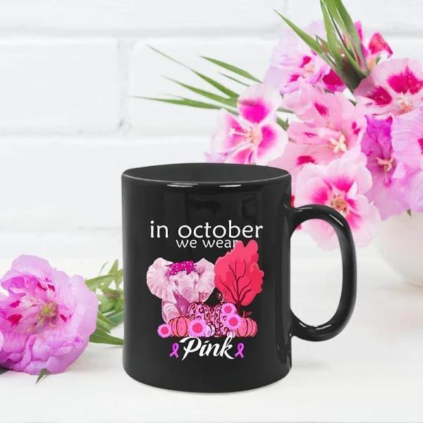 Pink Elephant In October We Wear Pink Breast Cancer Awareness Black Mug Double Side Printed Ceramic Coffee Mug Tea Cups Latte