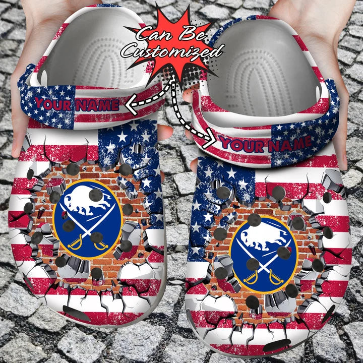 Hockey Crocss – Personalized B.Sabres American Flag Breaking Wall Clog Shoes